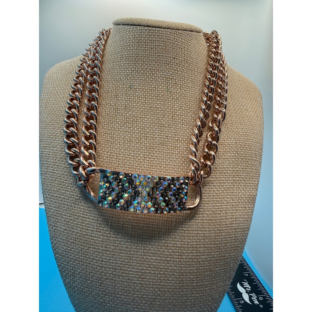 Steve‎ Madden Rose Gold Tone Double Curb Chain AB Crystal Bar Statement Necklace